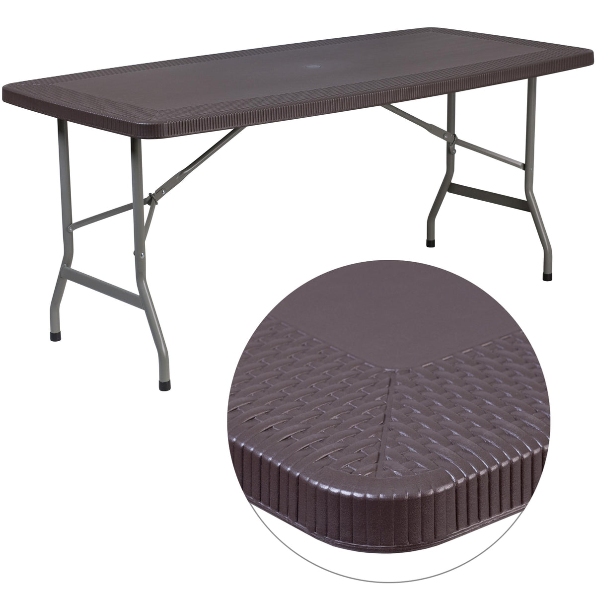 Flash Furniture 5.62-Foot Brown Rattan Indoor-Outdoor Plastic Folding Table-Umbrella Hole
