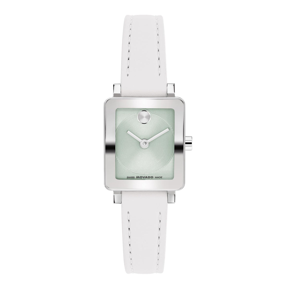 Movado Bold Evolution 2.0 Mini Tank. Stainless Steel case. White Leather strap. Light Green Dial