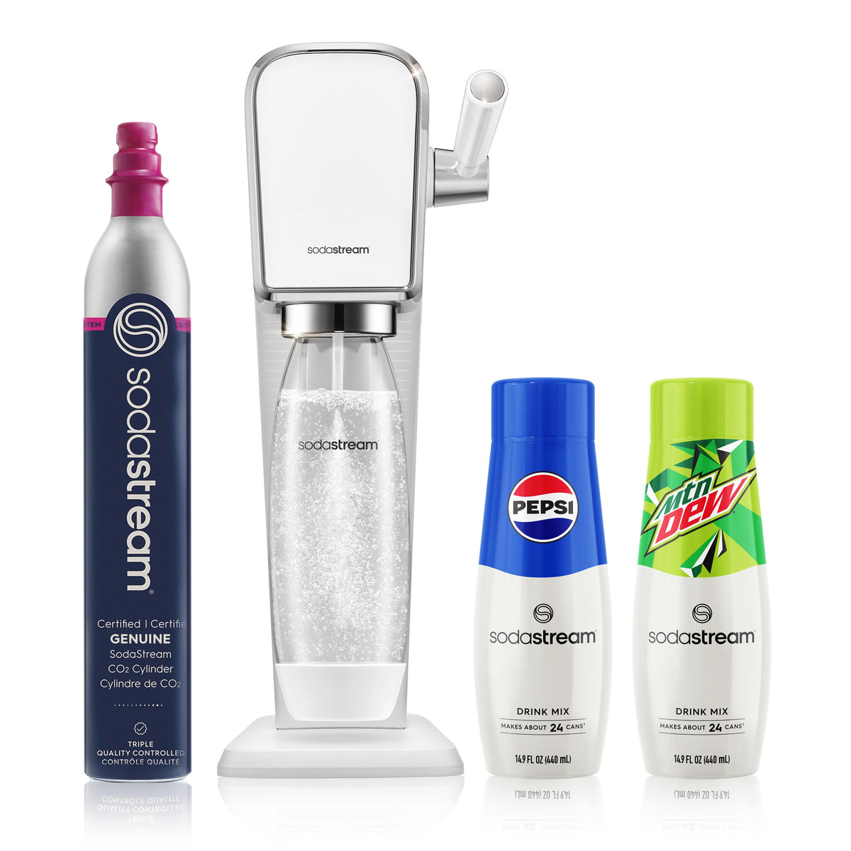 SodaStream ART Bundle Kit-White Contains: 1-Machine, 1-Cylinder, 1-Carbonation Bottle, and 2 Pepsi Flavors
