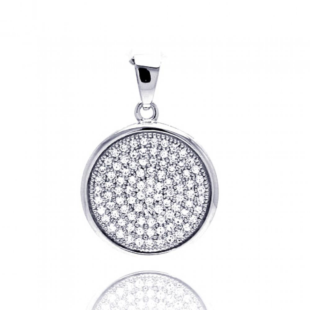 PARIKHS Rhodium Plated Circle Micro Pave CZ Dangling Pendant with Chain in 925 Sterling Silver