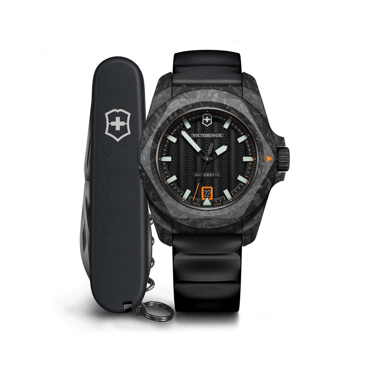 Victorinox Swiss Army I.N.O.X. Auto 41mm, black carbon case, black carbon bezel, black dial, black rubber strap