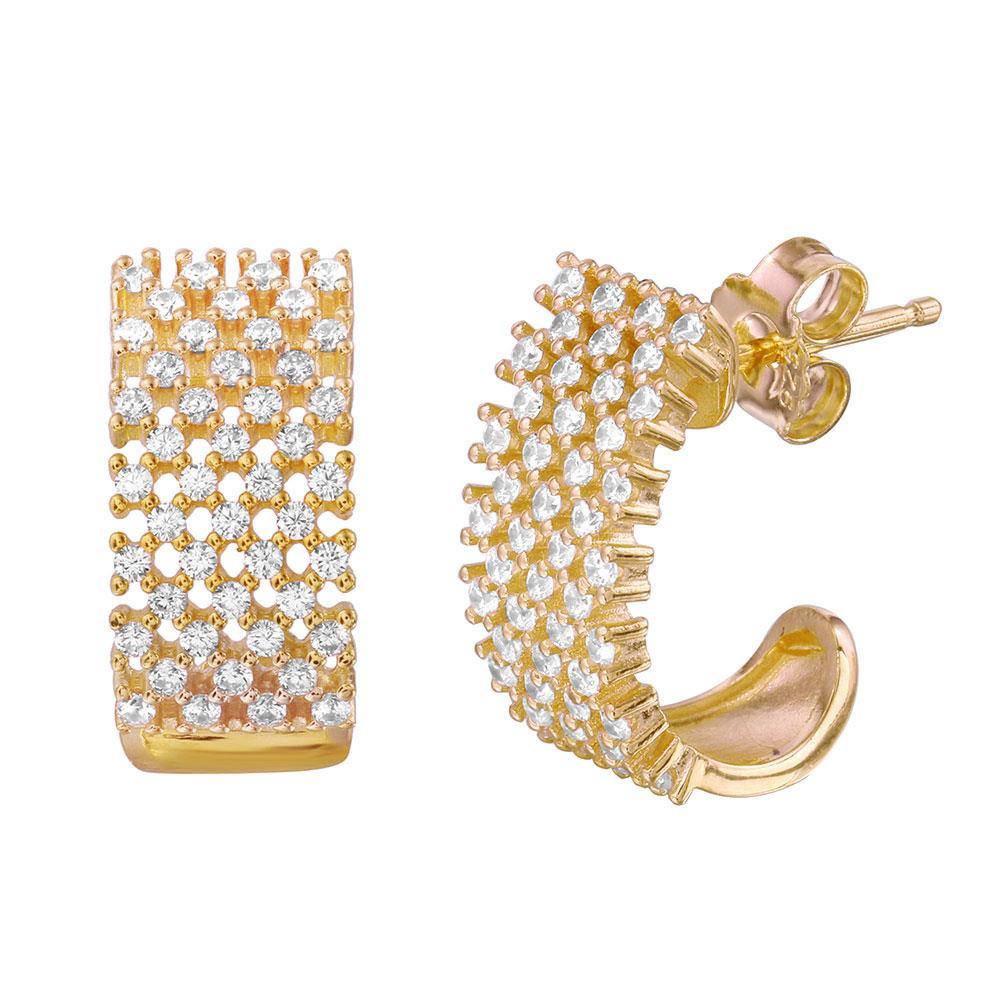 PARIKHS Gold Plated Thick Checkered CZ Semi-Huggie Earring in 925 Sterling Silver