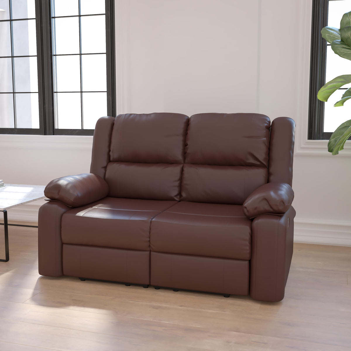Flash Furniture Brown LeatherSoft Pillow Back Loveseat with Two Built-In Recliners - Padded Arms