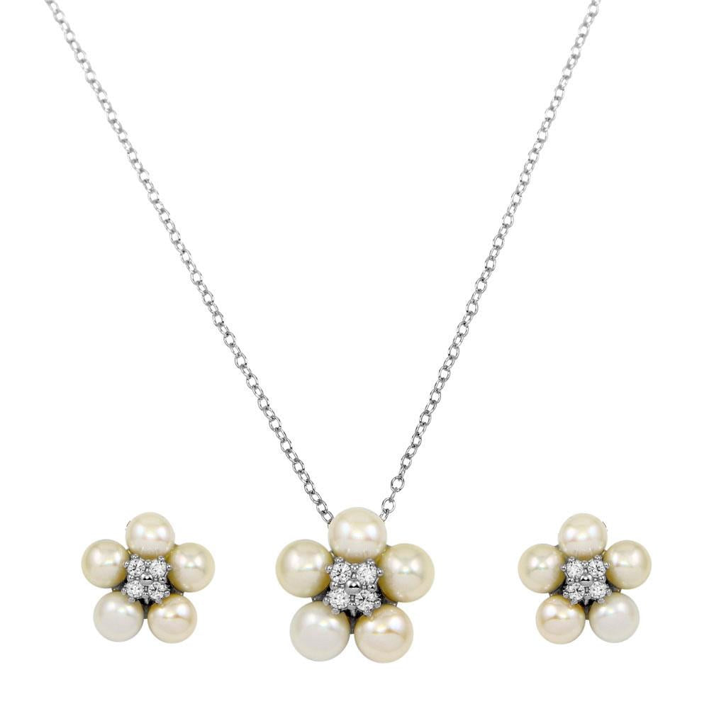 PARIKHS Rhodium Plated CZ Fresh Water Flower Pearl Necklace-Earring Set in 925 Sterling Silver