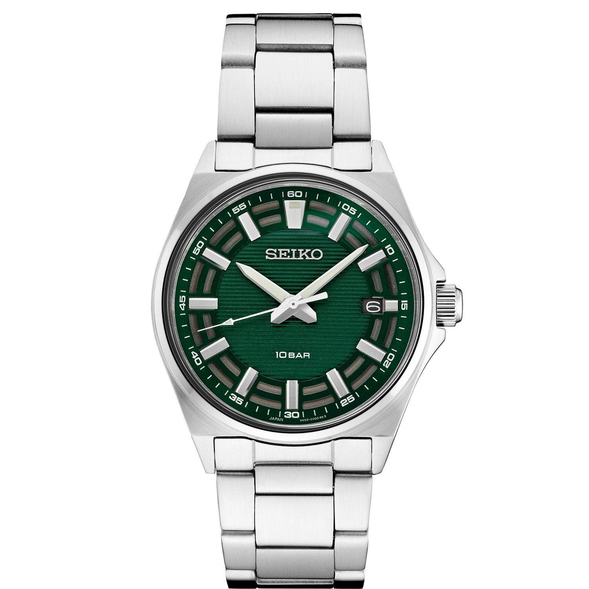 Seiko Mens Essentials Silver-Tone Stainless Steel Watch Green Dial