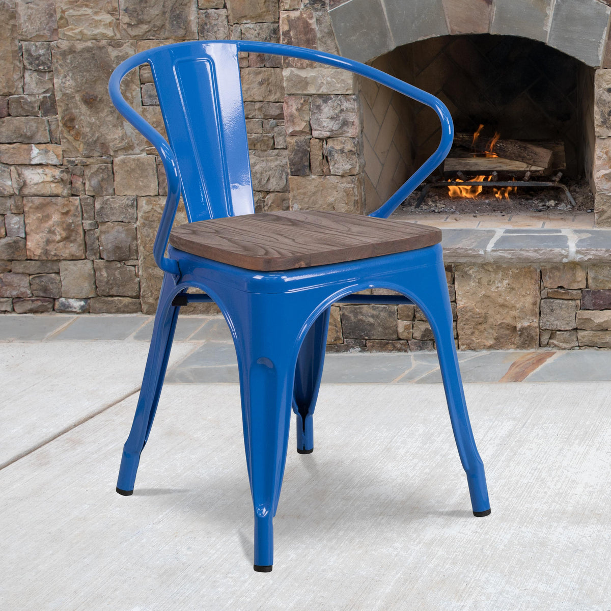 Flash Furniture Blue Metal Chair with Wood Seat and Arms - Restaurant Chair - Bistro Chair