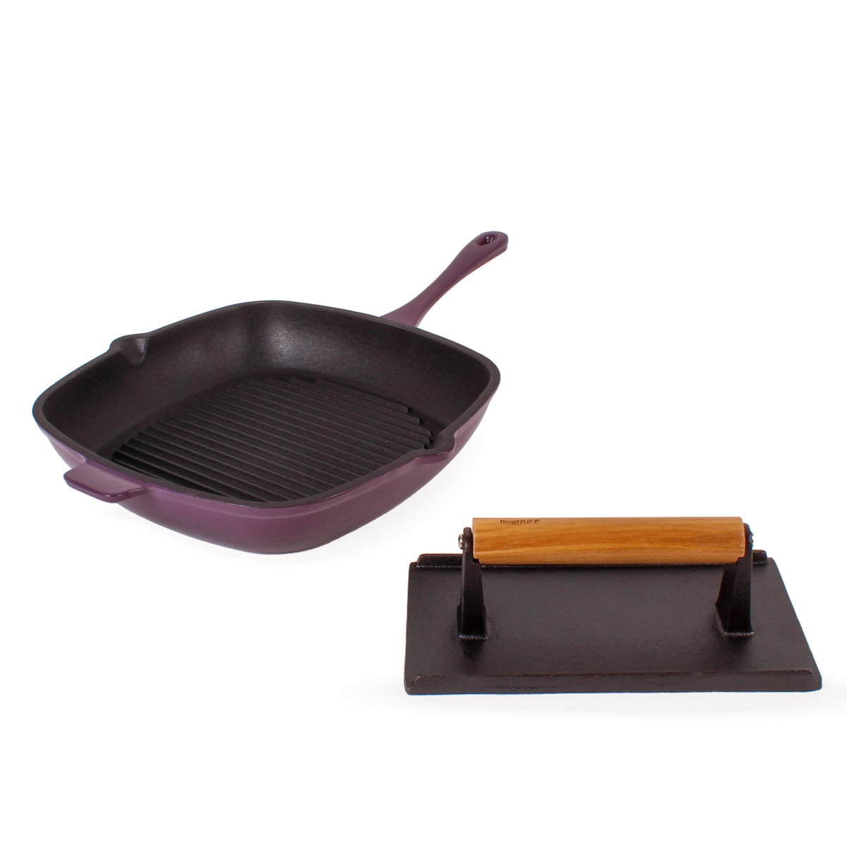 BergHOFF Neo 2pc Cast Iron 11" Grill Pan with Steak Press, Purple