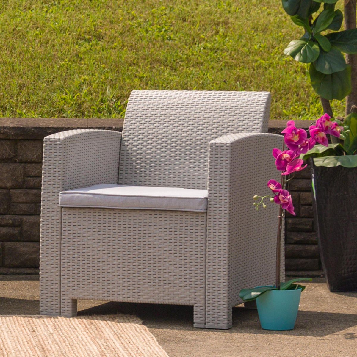 Flash Furniture Light Gray Faux Rattan Chair with All-Weather Light Gray Cushion - Patio Chair