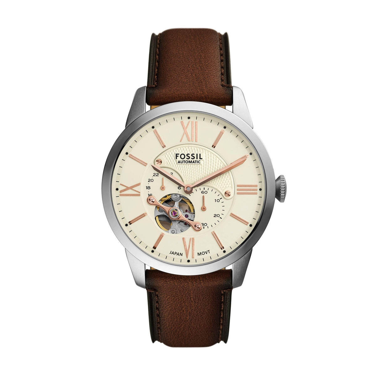 Fossil Mens Townsman Automatic Silver & Brown Leather Strap Watch Cream Dial