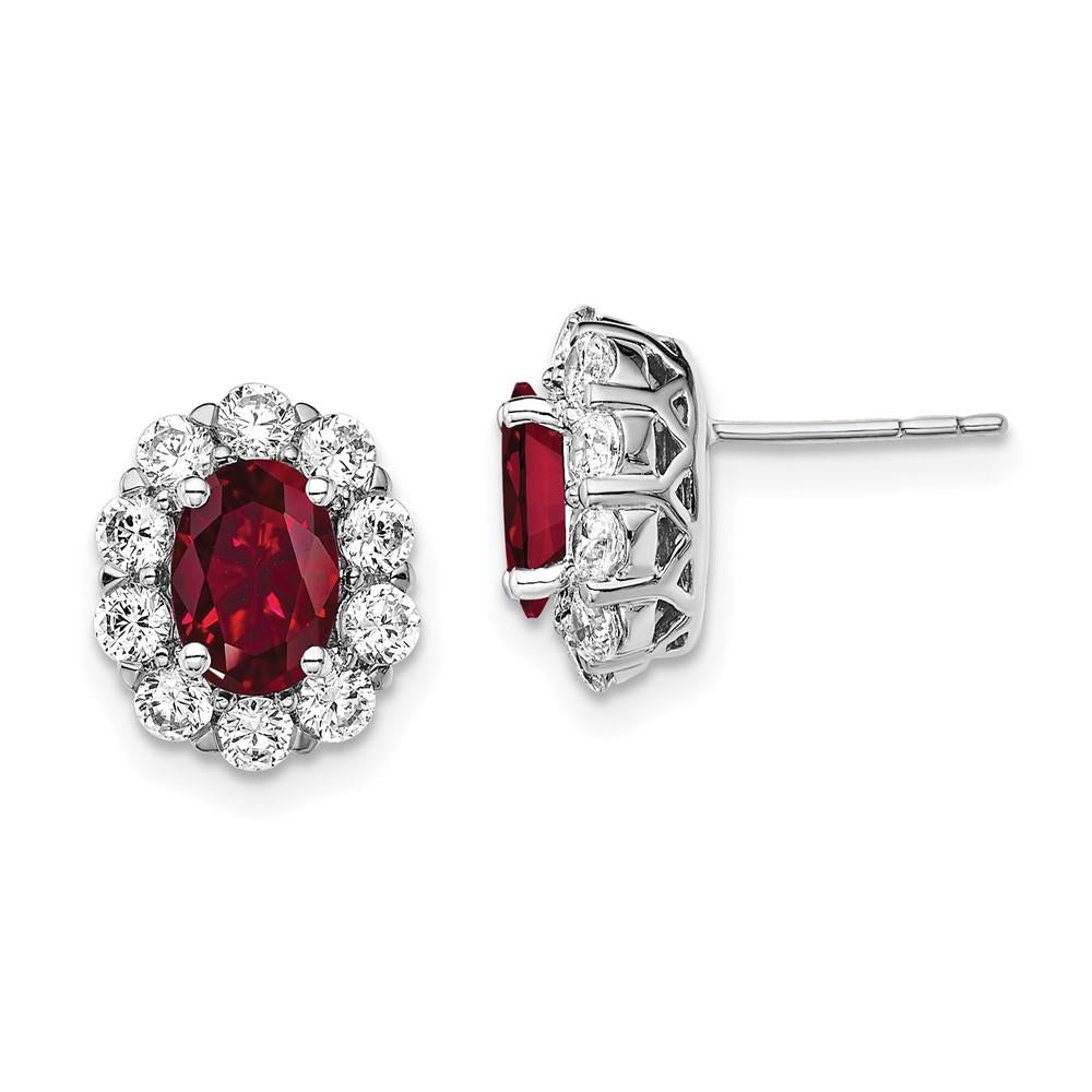 Distinctive 14K White Gold Lab Grown Diamond and Oval Created Ruby Fashion Earrings