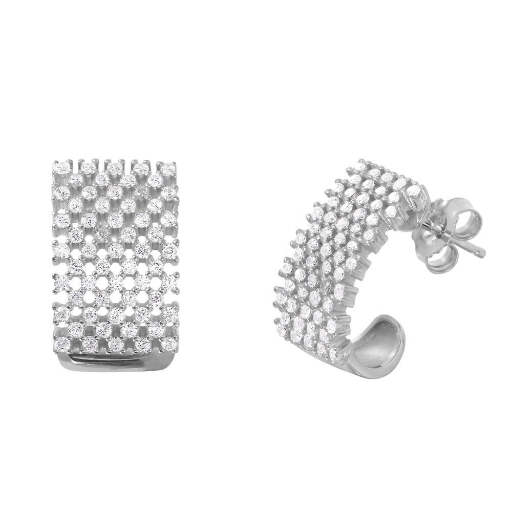 PARIKHS Rhodium Plated Thick Checkered CZ Semi-Huggie in 925 Sterling Silver