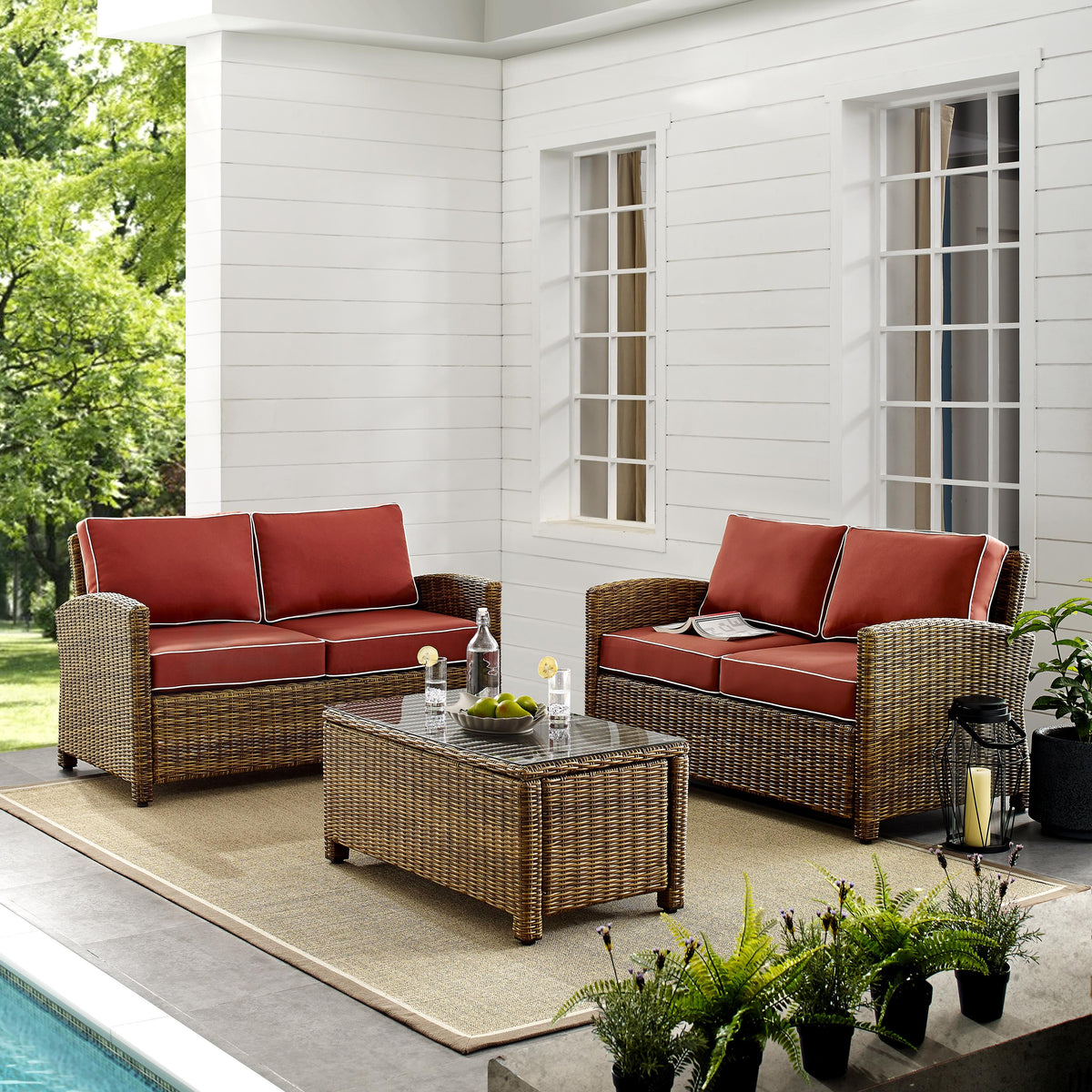 Crosley Outdoor Bradenton 3Pc Wicker Outdoor Loveseat Patio Furniture Set