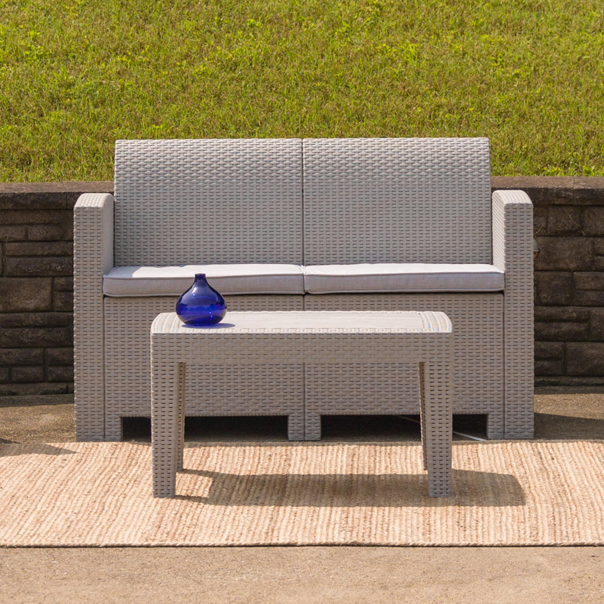 Flash Furniture Lt Gray Faux Rattan Loveseat with All-Weather Light Gray Cushions - Patio Chair