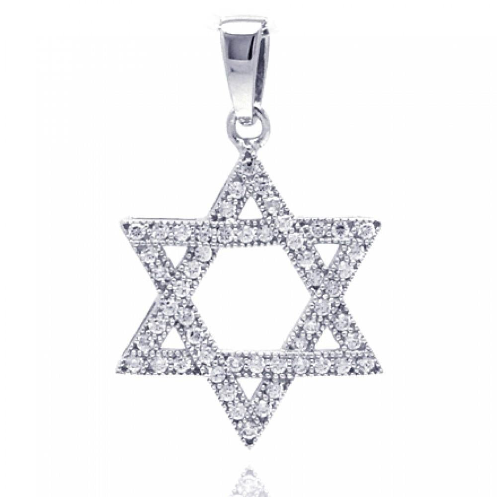 PARIKHS Rhodium Plated Hebrew Star CZ Dangling Pendant with Chain in 925 Sterling Silver