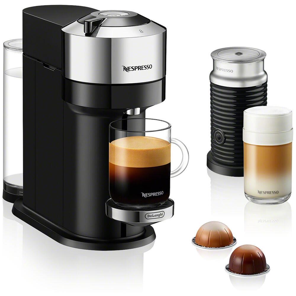 Delonghi Vertuo Next Premium Coffee and Espresso Maker in Chrome plus Aeroccino3 Milk Frother in Black
