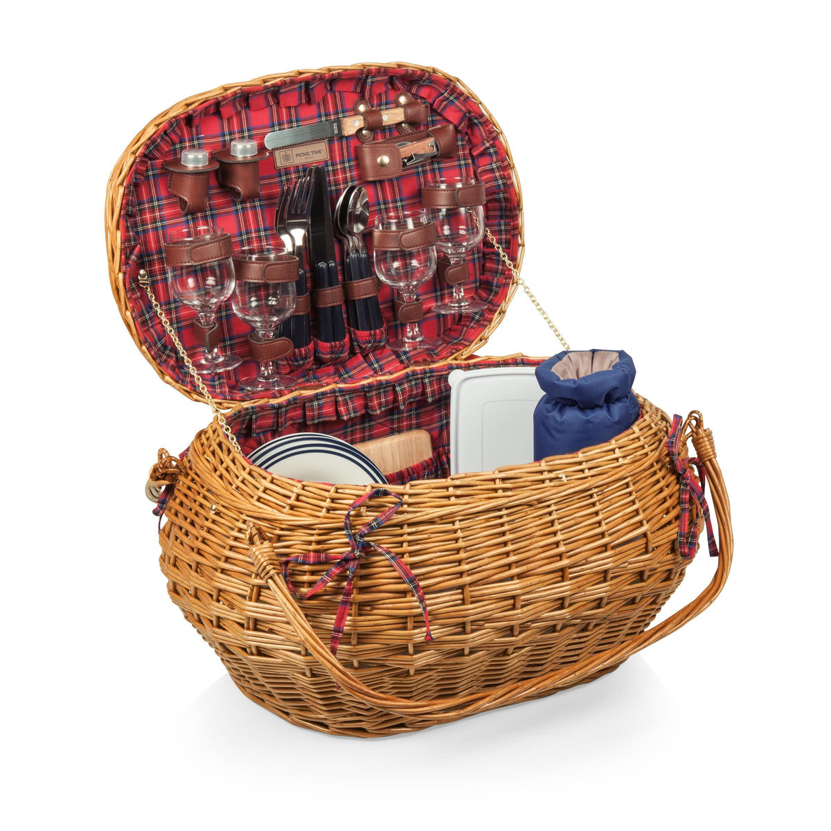 Picnic Time Highlander Basket - Red & Blue Tartan Pattern