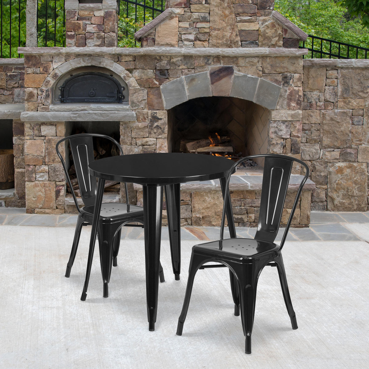 Flash Furniture 30" Round Black Metal Indoor-Outdoor Table Set with 2 Cafe Chairs