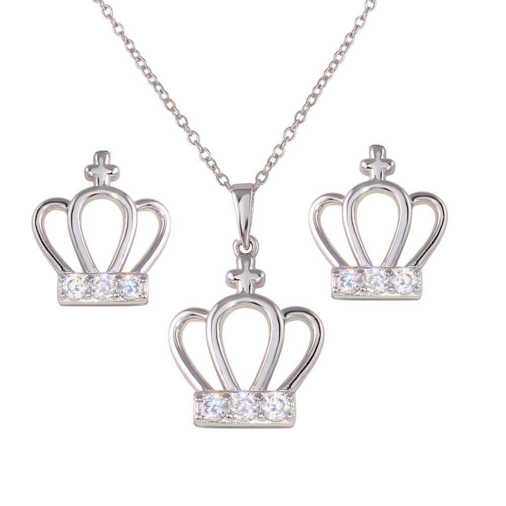 PARIKHS Rhodium Plated Crown CZ Necklace and Earring Set in 925 Sterling Silver