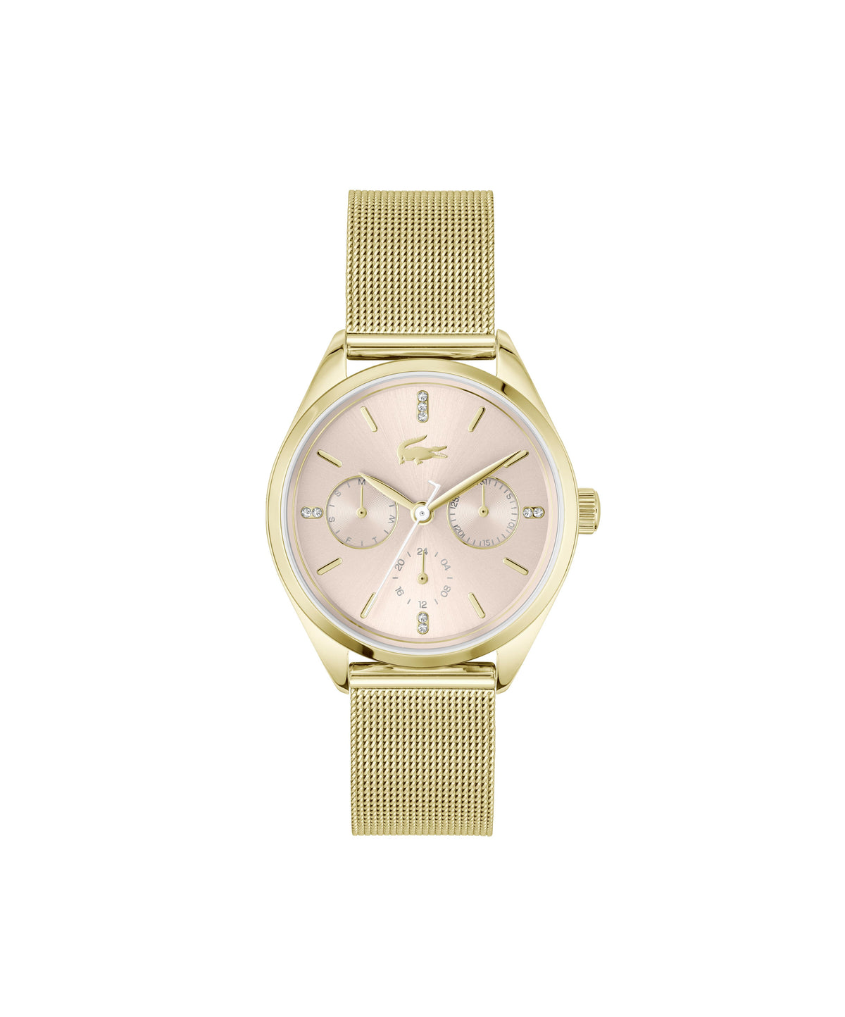 Lacoste Atena Ladies. Yellow Gold IP Case and Mesh Bracelet. Blush multi-function Dial