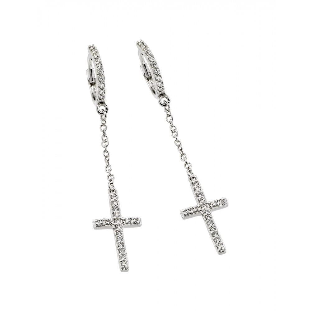 PARIKHS Rhodium Plated Round Cross Clear CZ Wire Dangling Huggie Earring in 925 Sterling Silver