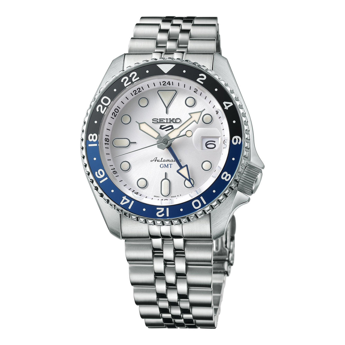 Men's Seiko 5 Sports SKX GMT Silver Stainless Steel Watch Silver Dial