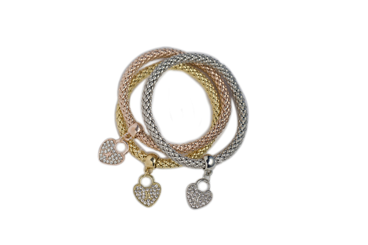 DKD 3 Piece Tri-Color Mesh Heart Bracelet Set