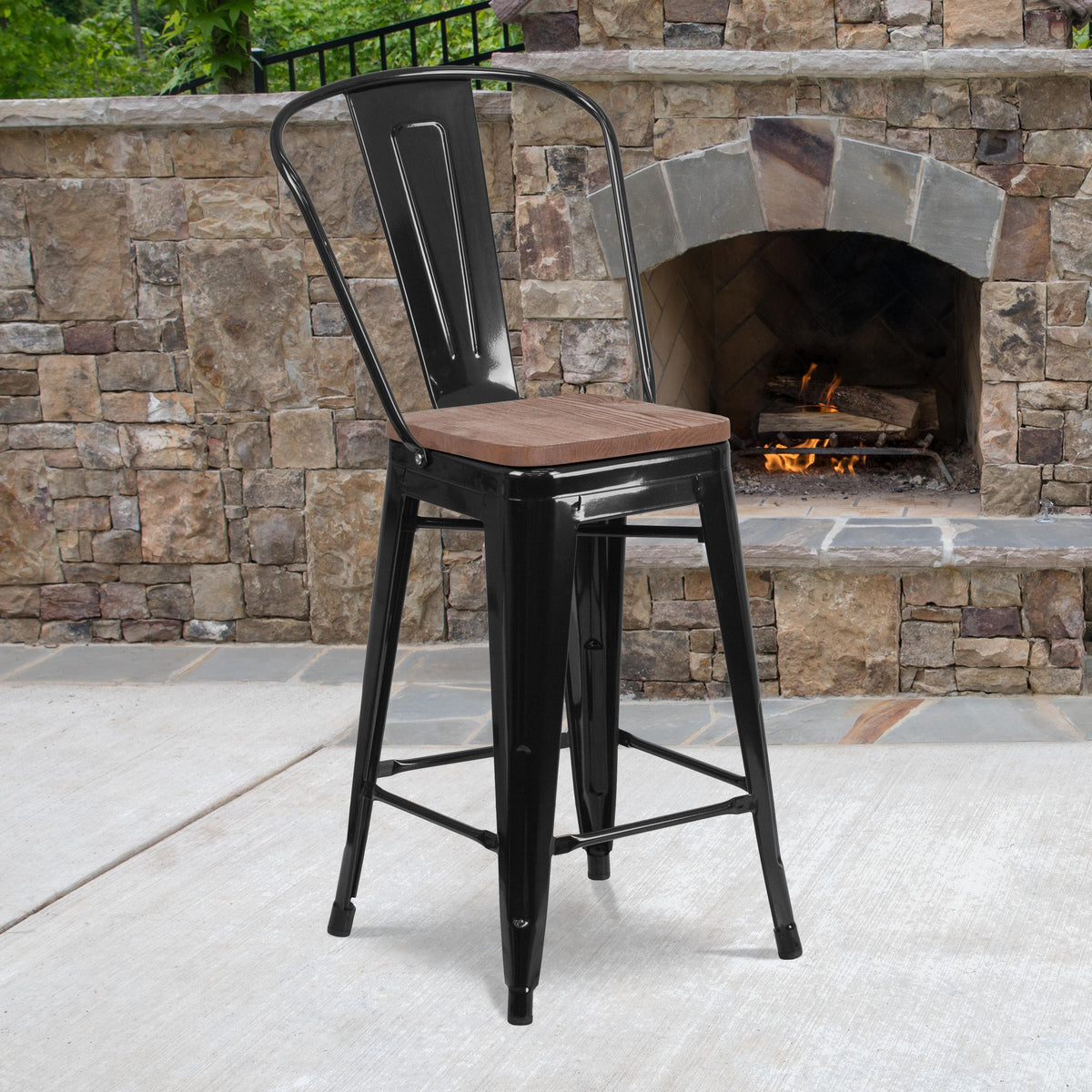 Flash Furniture 24" High Black Metal Counter Height Stool with Back and Wood Seat