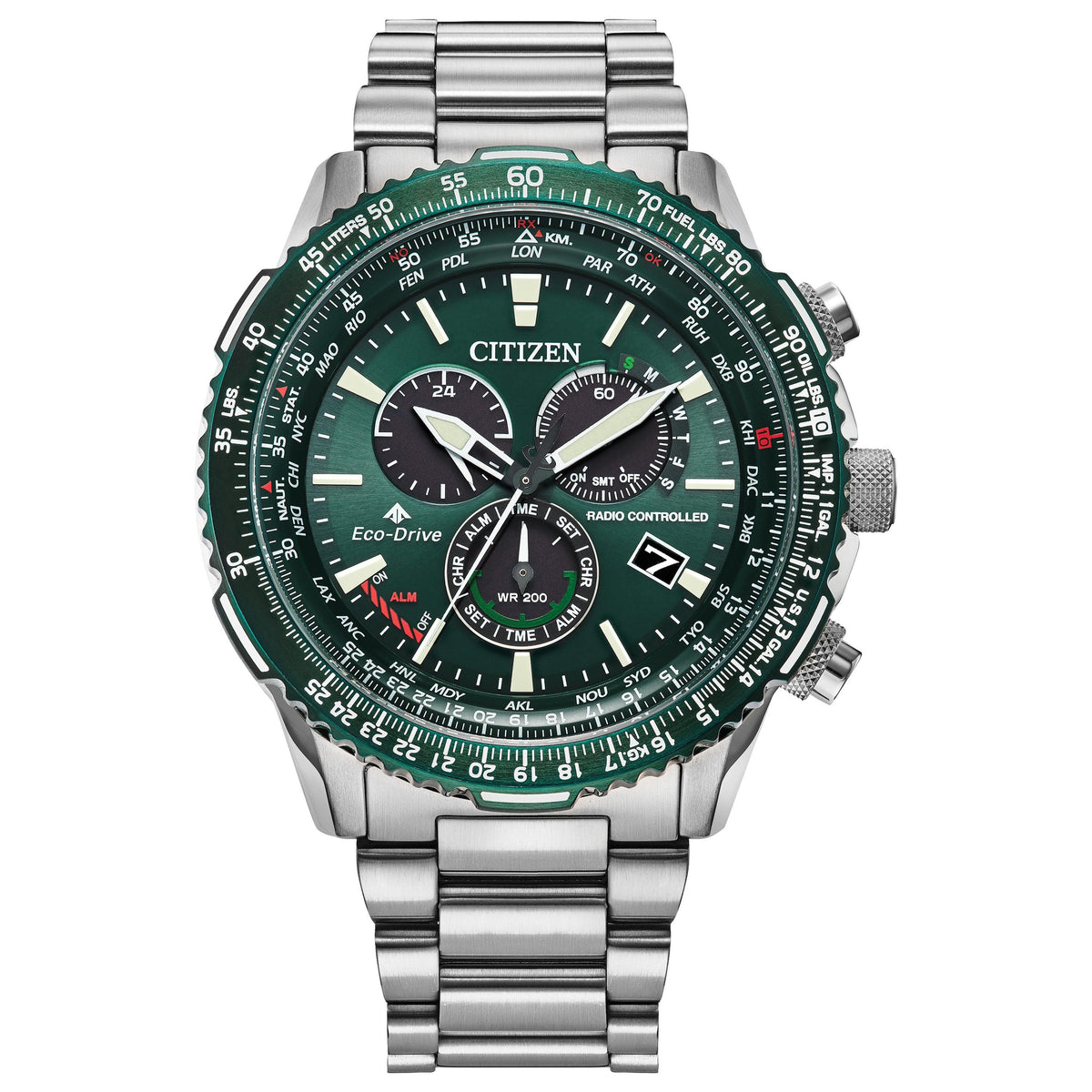 Citizen Men's Promaster Air A-T Eco-Driver Silver-Tone Stainless Steel Watch Green Dial