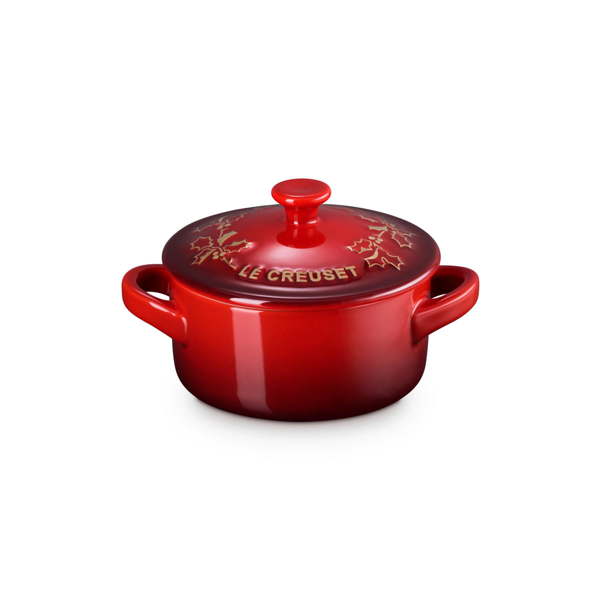 Le Creuset 8oz Holly Collection Mini Round Cocotte w/ Gold Applique Cerise