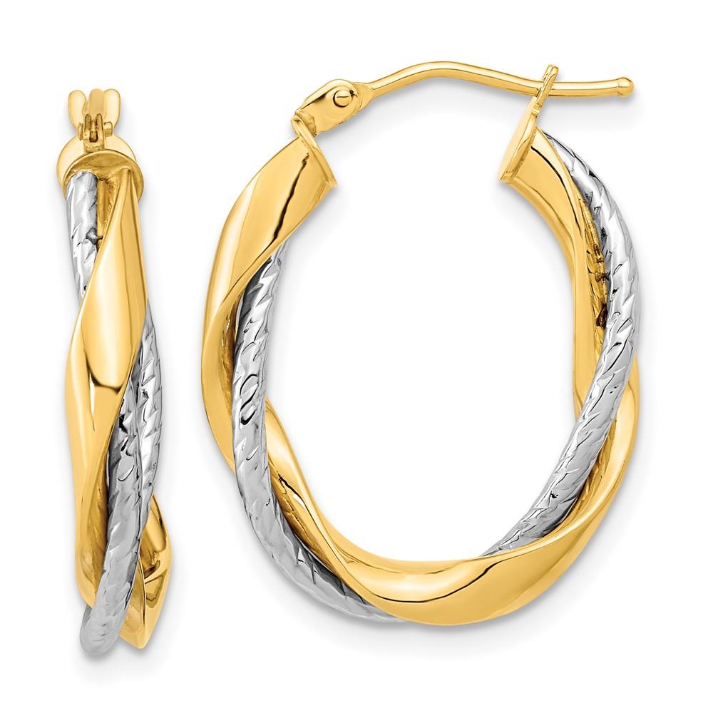 Distinctive 14k Two-tone Polished Rope Twisted Oval Hoop Earrings