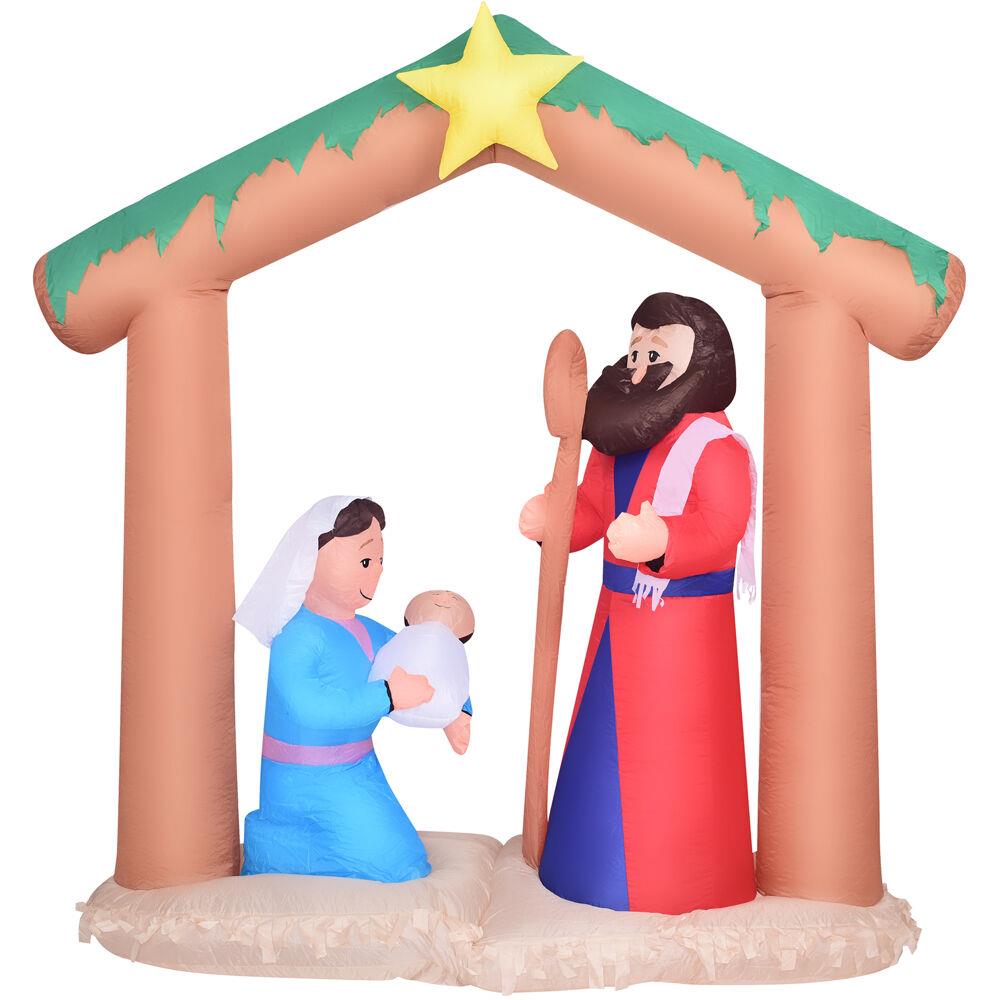 Fraser Hill 7-Ft. Wide Nativity with Mary, Joseph, and Baby Jesus, Prelit Outdoor Christmas Inflatable with Stor