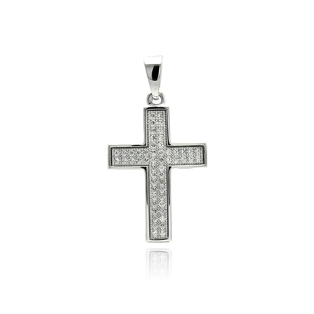 PARIKHS Rhodium Plated Cross Inlay Micro Pave CZ Cross Pendant with Chain in 925 Sterling Silver