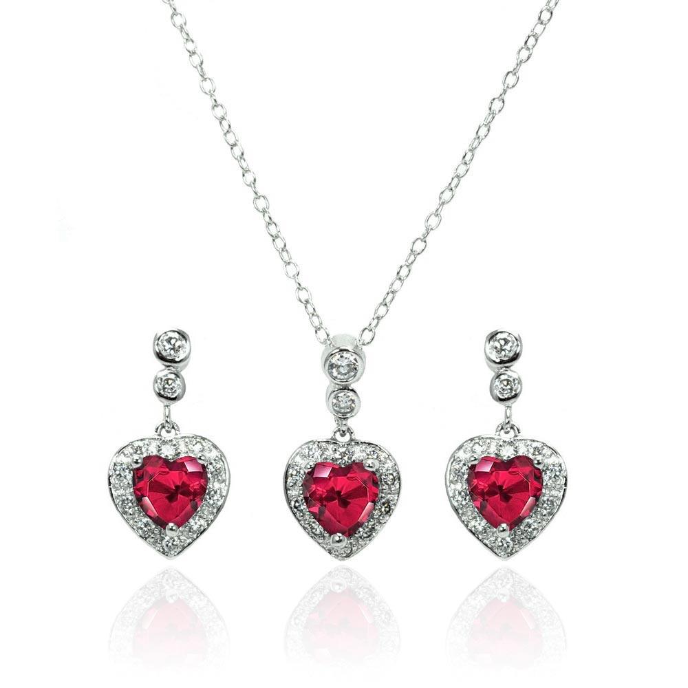 PARIKHS Rhodium Plated Clear and Red Heart CZ Necklace-Earring Set in 925 Sterling Silver