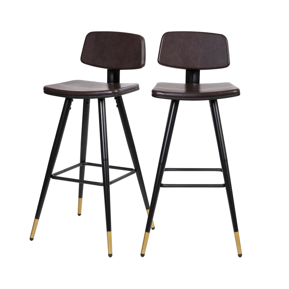 Flash Furniture Set of 2 Brown LeatherSoft Barstools with Black Iron Frame and Gold Tipped Legs