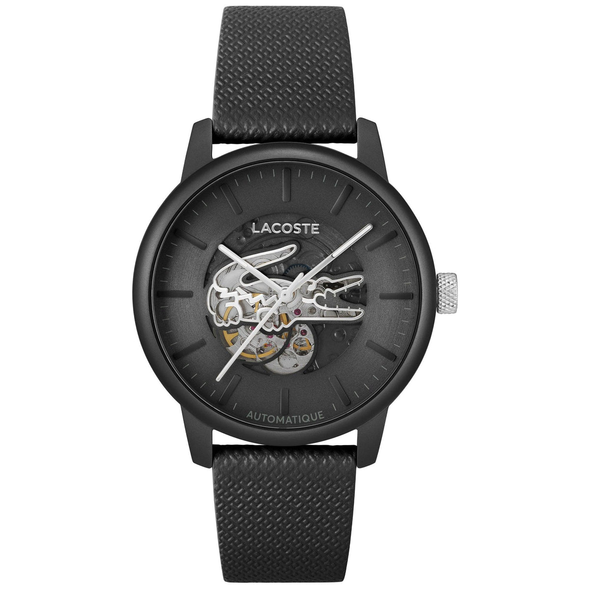 Lacoste Men's 12.12 Automatique Black Leather Strap Watch Black Croc Dial