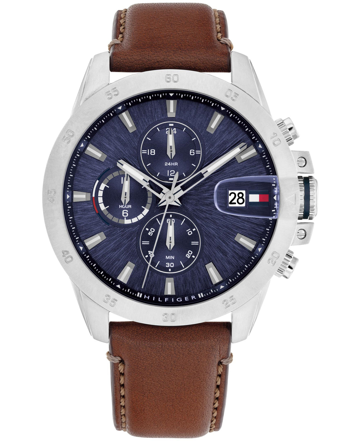 Tommy Hilfiger Gents. Stainless Steel Case. Brown Leather Strap. Navy Multi-function dial.