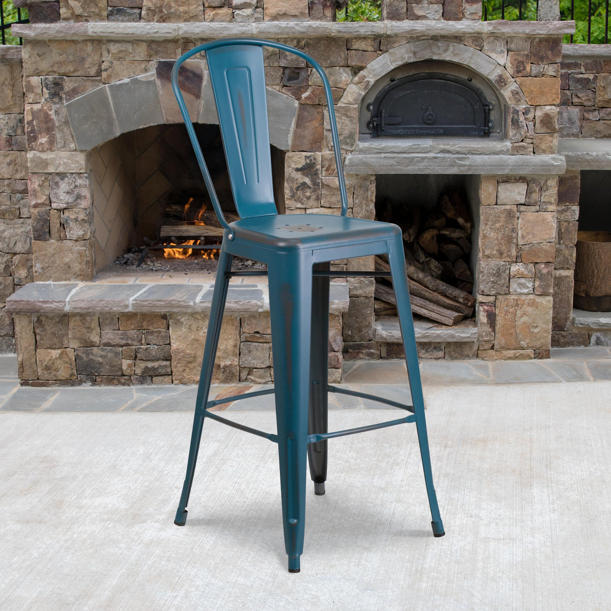 Flash Furniture 30" High Distressed White Metal Indoor-Outdoor Barstool with Back