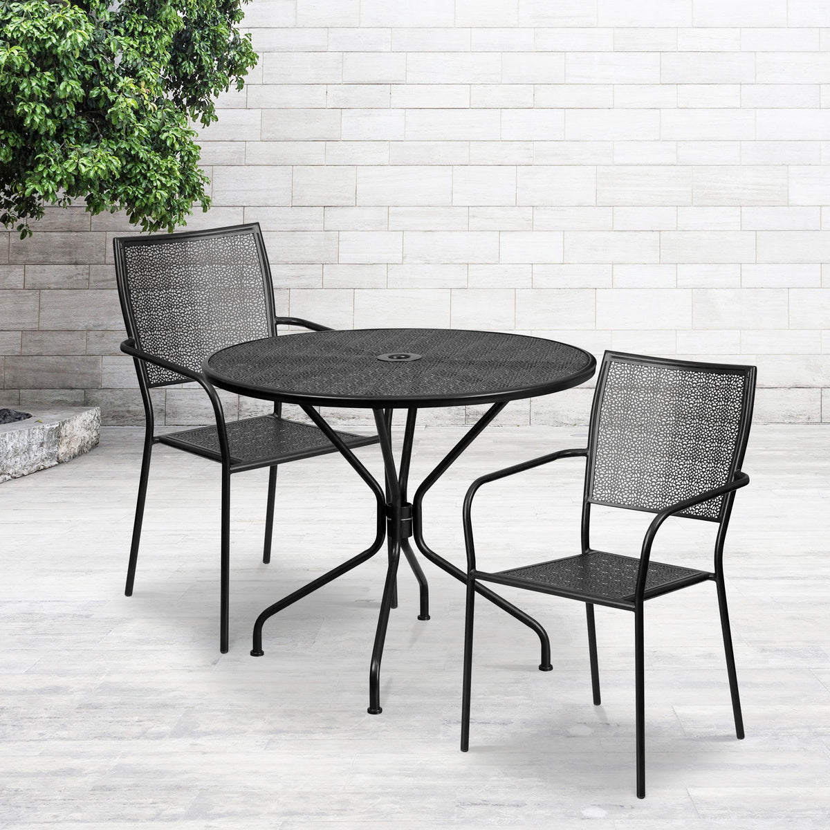Flash Furniture 35.25" Round White Indoor-Outdoor Steel Patio Table Set w/ 2 Square Back Chairs