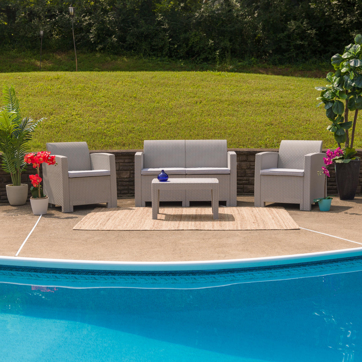 Flash Furniture 4 Piece Outdoor Faux Rattan Chair, Loveseat and Table Set in Light Gray