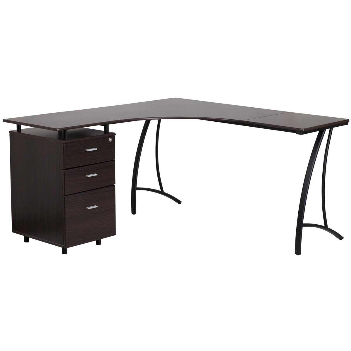 Flash Furniture Walnut Laminate L-Shape Desk with Three Drawer Pedestal and Locking Drawers