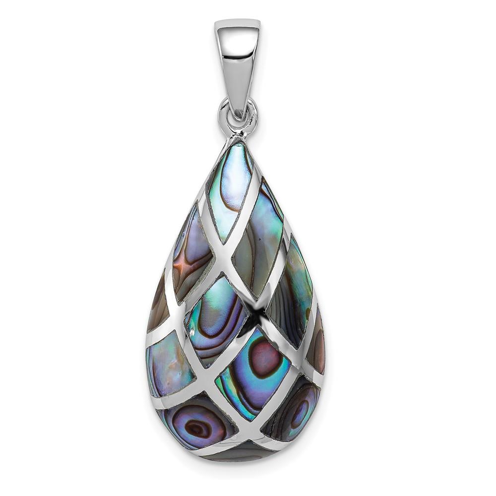 Distinctive Sterling Silver Rhodium-plated Polished Teardrop Abalone Pendant