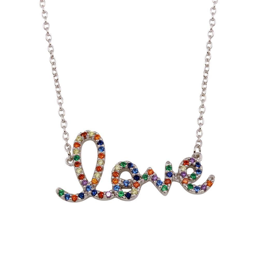 PARIKHS Rhodium Plated "Love" Word Necklace with Rainbow CZ in 925 Sterling Silver