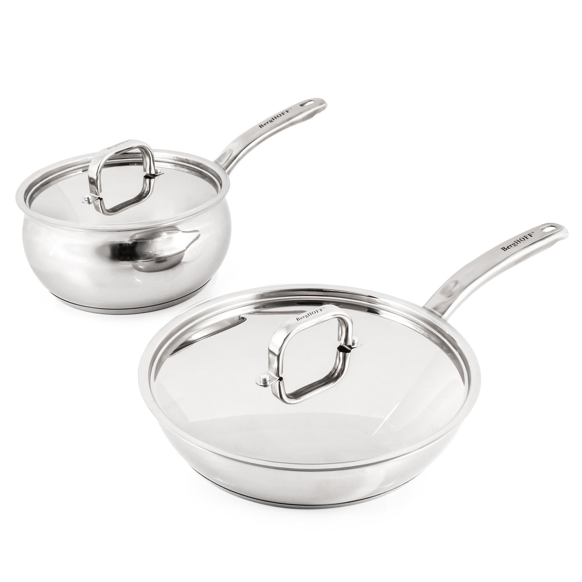 BergHOFF Belly Shape 4pc 18/10 Stainless Steel Skillet & Saucepan Cookware Set with SS Lids