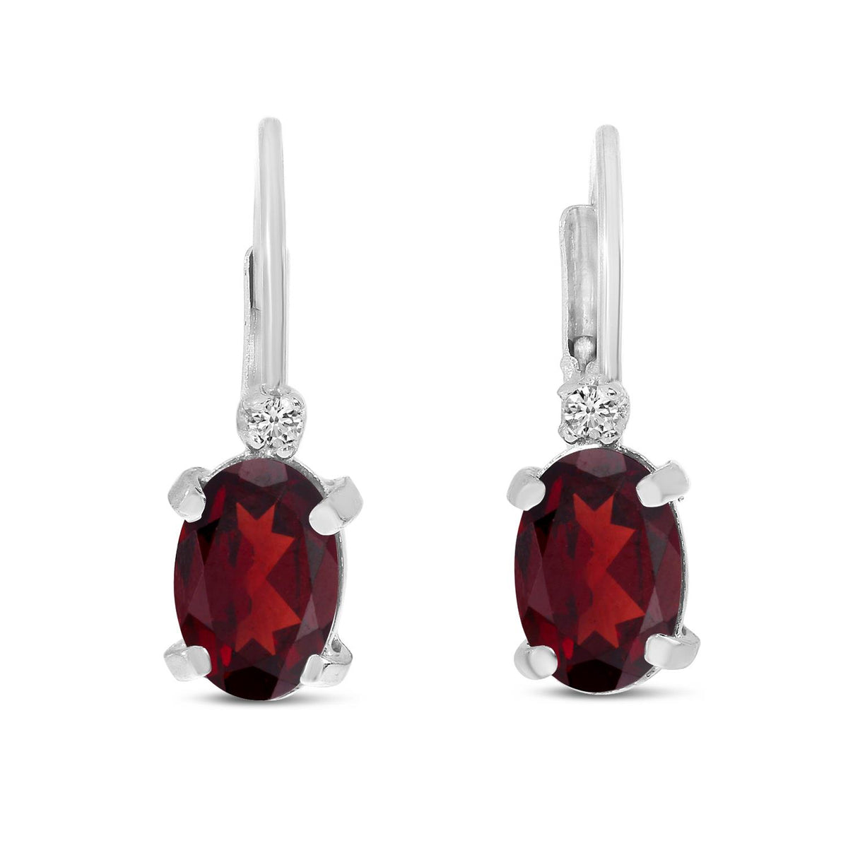 Distinctive 14K White Gold Oval Garnet and Diamond Lever Back Birthstone Earrings