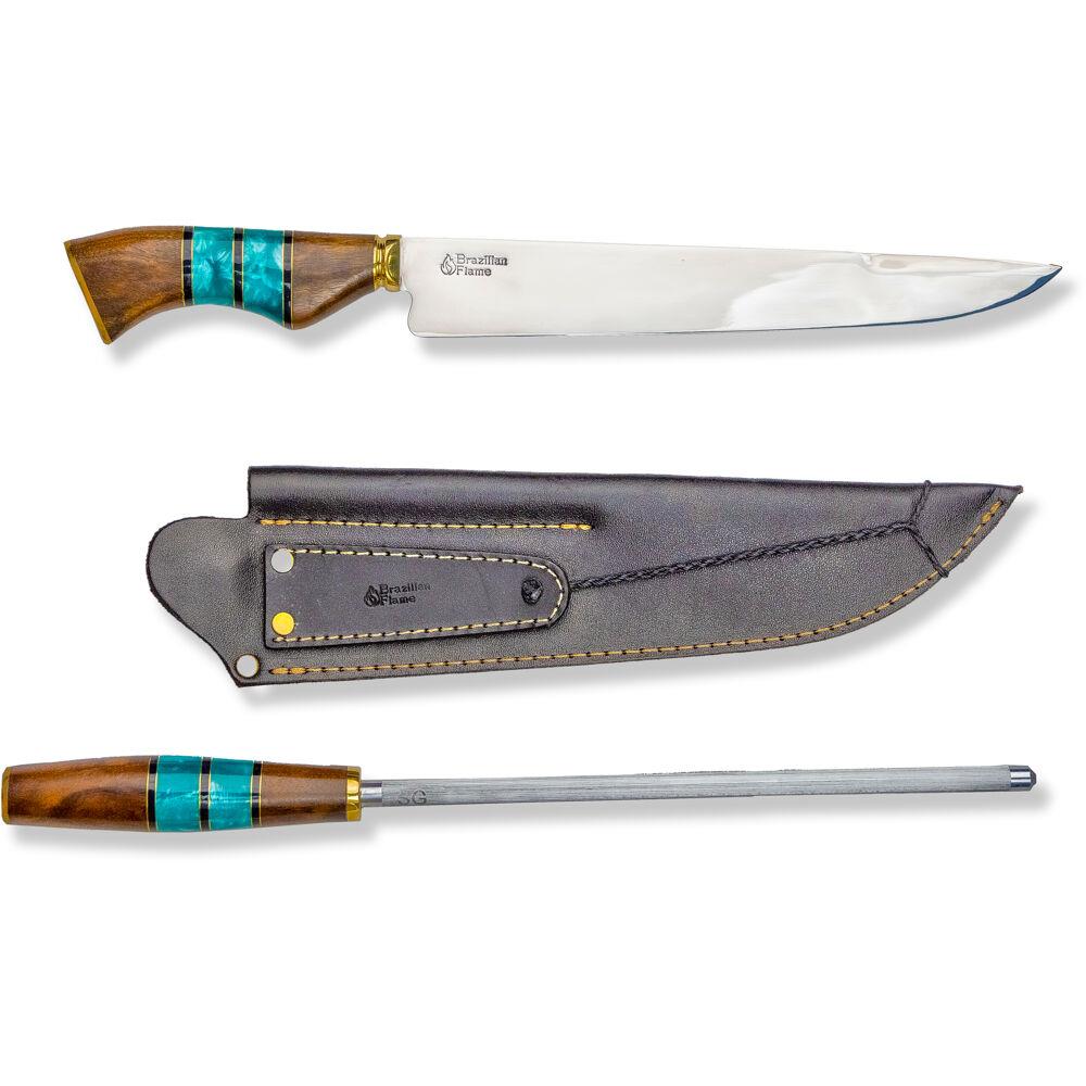 Brazilian Flame Chef Ribs 10-inch Stainless Steel Knife with Sharpener in Green