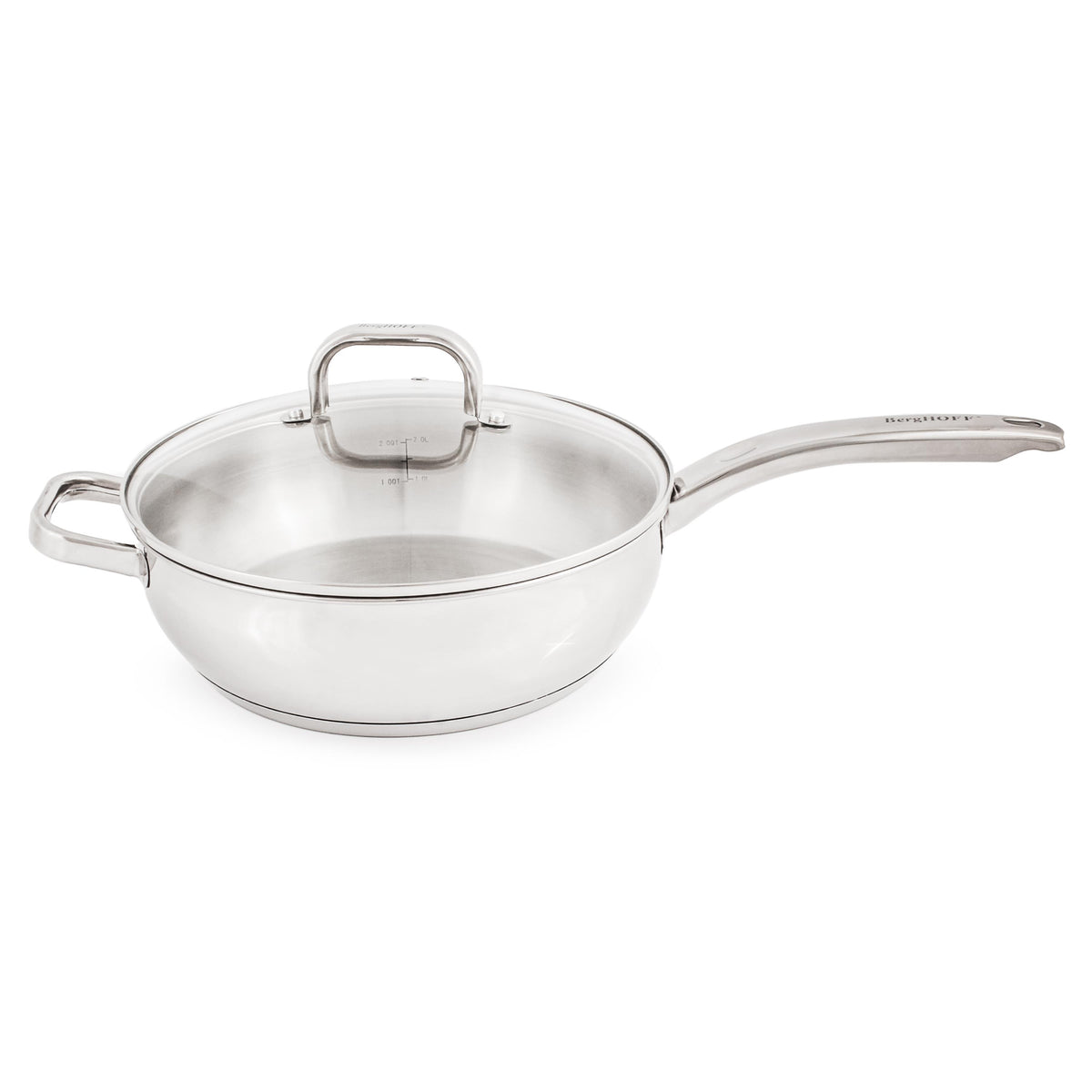 BergHOFF Belly Shape 18/10 Stainless Steel 9.5" Deep Skillet with Glass Lid, 3.2qt