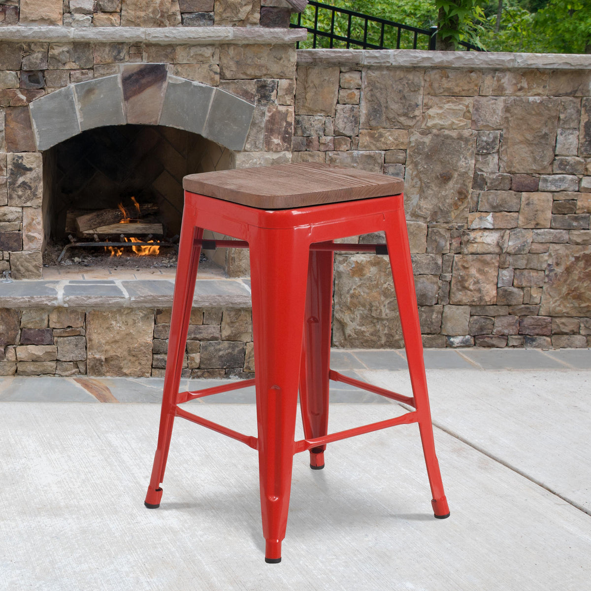 Flash Furniture 24" High Backless Red Metal Counter Height Stool with Square Wood Seat