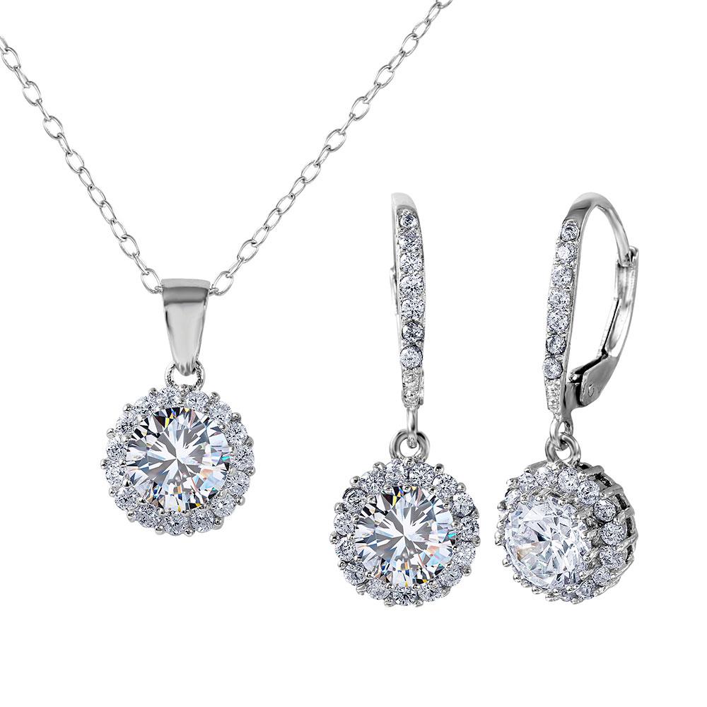PARIKHS Rhodium Plated Halo Necklace-Earring Set in 925 Sterling Silver