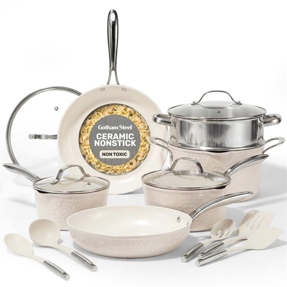Gotham Steel Cookware Hammered Cookware Set w/Utensils Size 15 Pieces