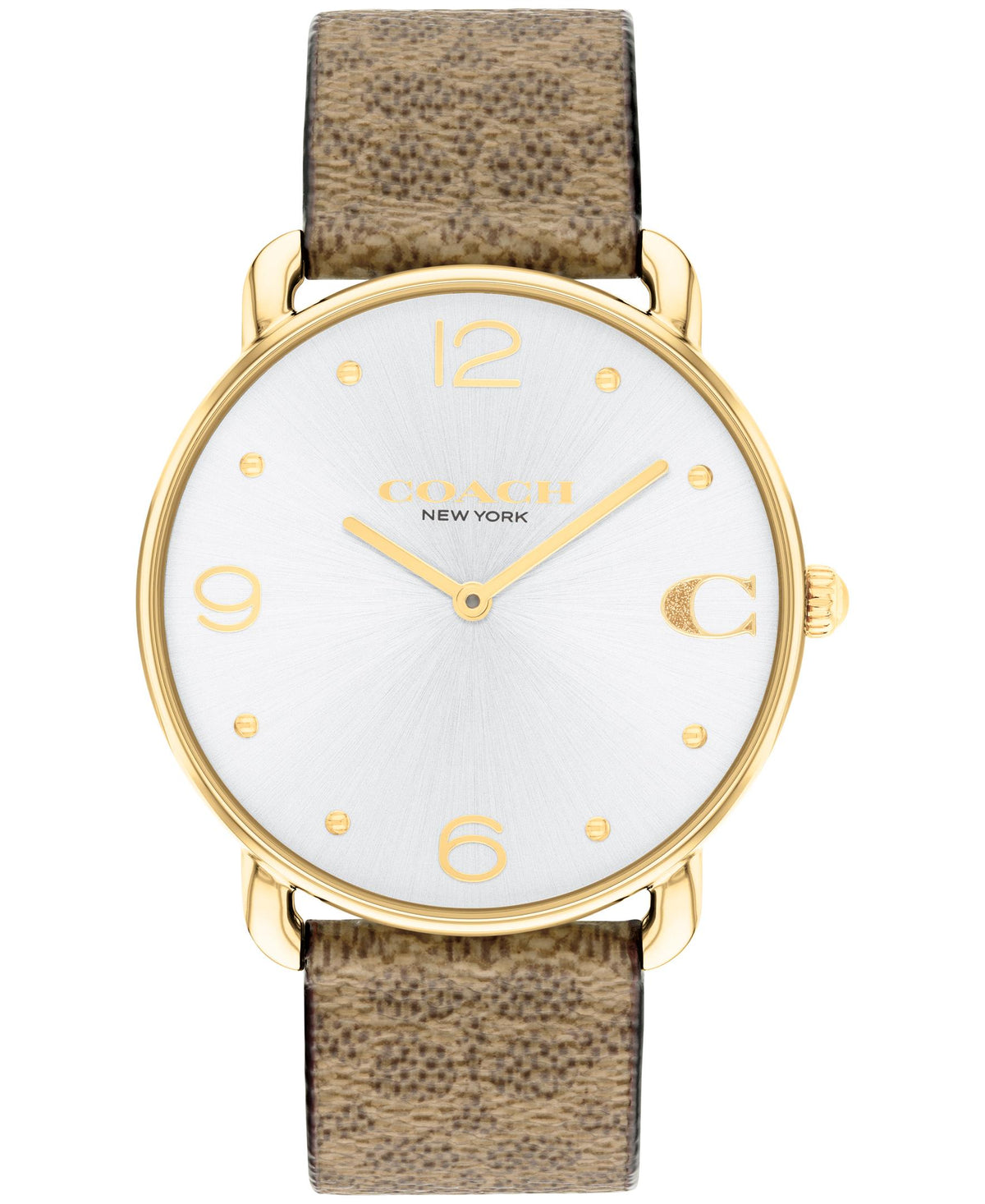 Coach Elliot Ladies. Gold Plated Case. White Sunray Dial. Tan Signature C Coated Canvas Strap.